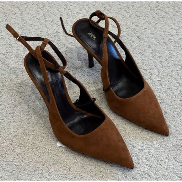 RARE!!! ZARA Brown Suede Leather Slingback Heels NWT 🤎 - Picture 6 of 16